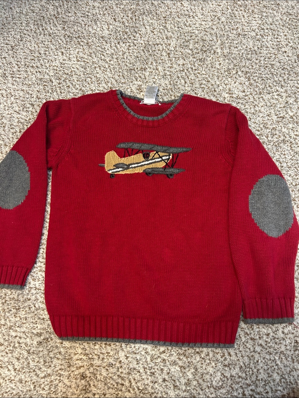 Janie and Jack Red Crewneck Sweater with Yellow Airplane Motif
